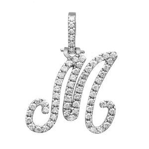 Round Cut Diamond "M" Calligraphy Initial Letter Pendant 14K White Gold 0.77Ctw